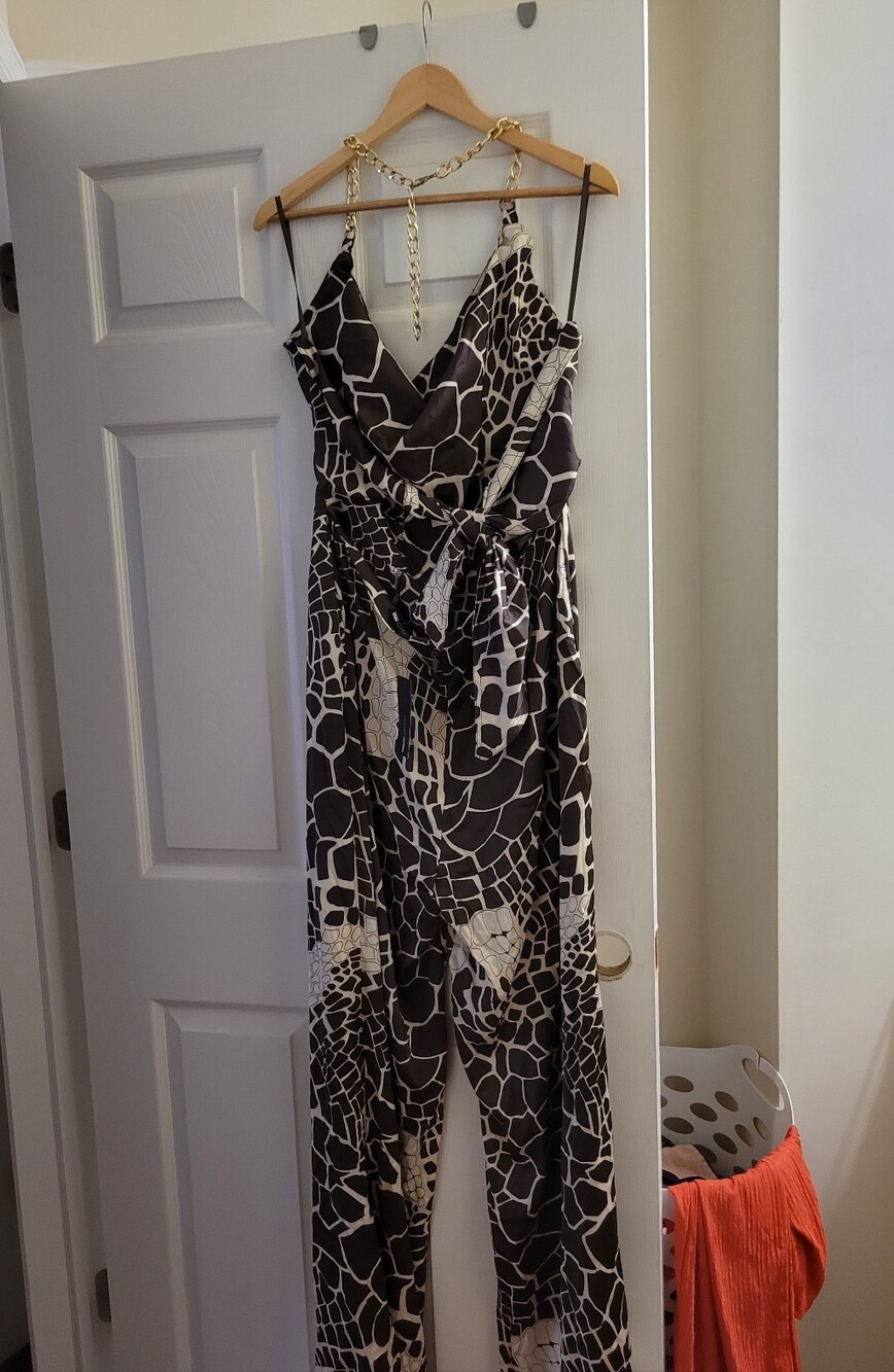 Fashion Nova, Brown and Cream-Print Jumpsuit.